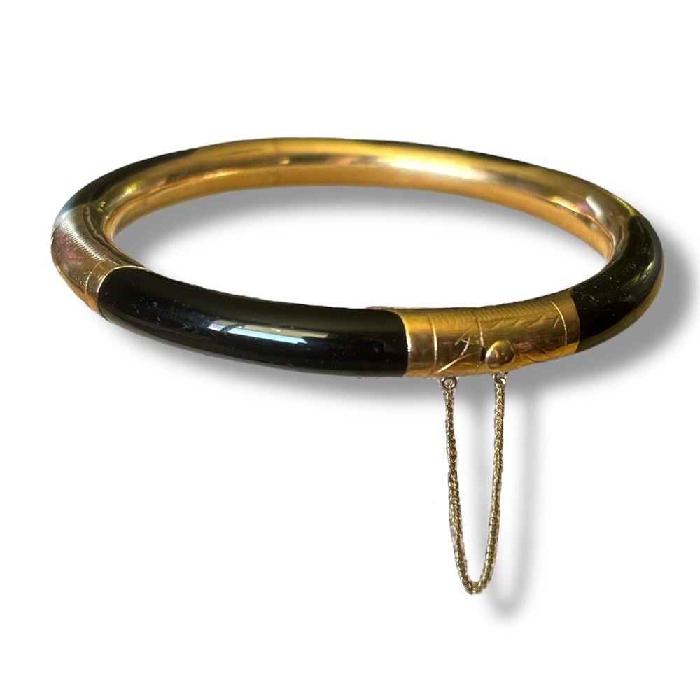 Vintage 14K Gold & Black Onyx Bangle Bracelet w/ Safety Chain
